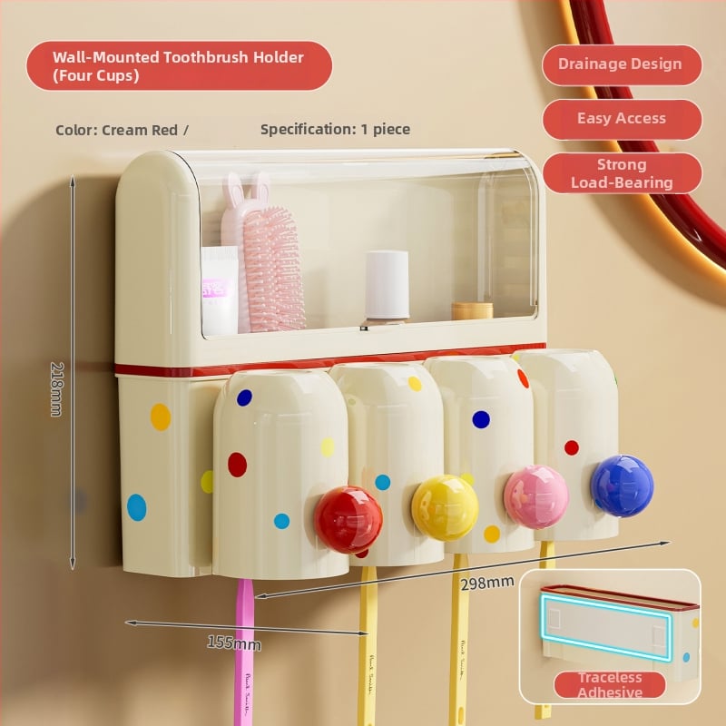 Suport pentru periuțe de dinți cu ventuză, montaj pe perete fără găuri, PET+ABS, 5 compartimente, logo personalizat