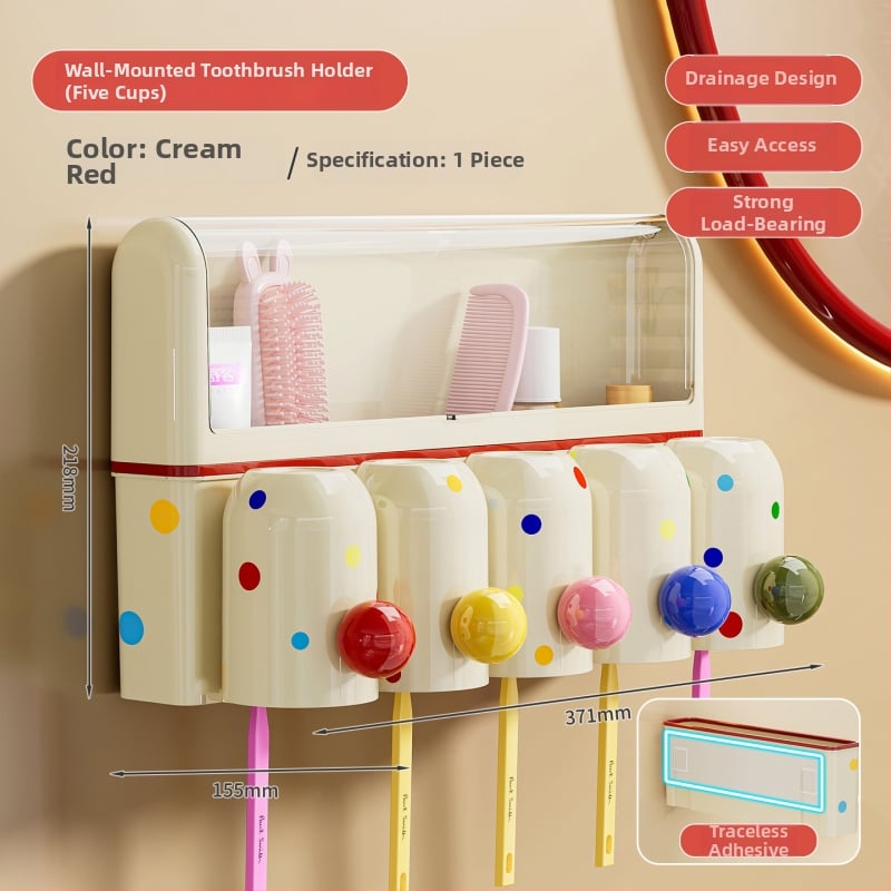 Suport pentru periuțe de dinți cu ventuză, montaj pe perete fără găuri, PET+ABS, 5 compartimente, logo personalizat