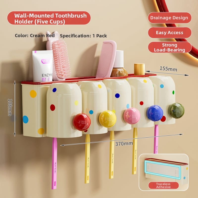 Suport pentru periuțe de dinți cu ventuză, montaj pe perete fără găuri, PET+ABS, 5 compartimente, logo personalizat