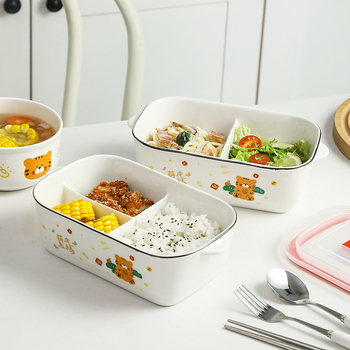 Керамична правоъгълна кутия за обяд с карикатурен дизайн, подходяща за микровълнова печка, капацитет 800–1000 ml