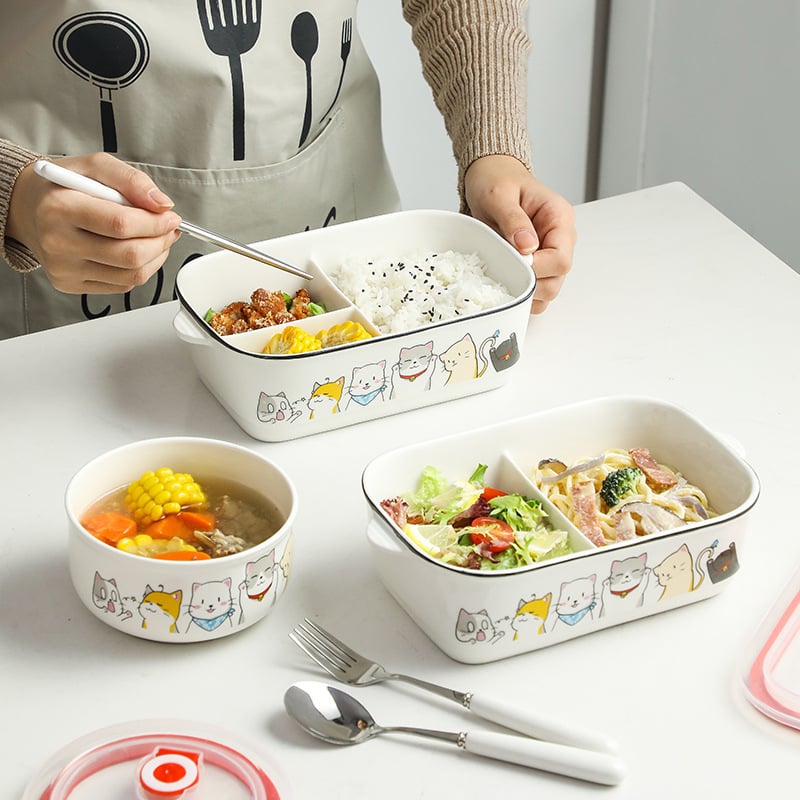 Керамична правоъгълна кутия за обяд с карикатурен дизайн, подходяща за микровълнова печка, капацитет 800–1000 ml
