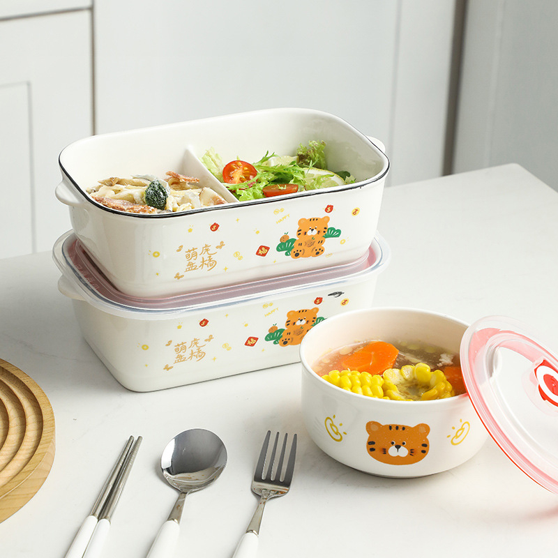 Керамична правоъгълна кутия за обяд с карикатурен дизайн, подходяща за микровълнова печка, капацитет 800–1000 ml