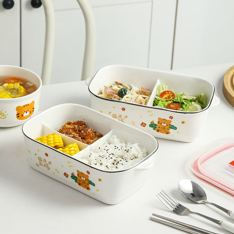 Керамична правоъгълна кутия за обяд с карикатурен дизайн, подходяща за микровълнова печка, капацитет 800–1000 ml