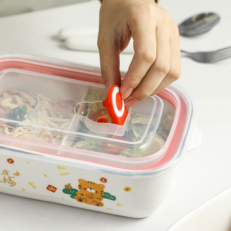 Керамична правоъгълна кутия за обяд с карикатурен дизайн, подходяща за микровълнова печка, капацитет 800–1000 ml