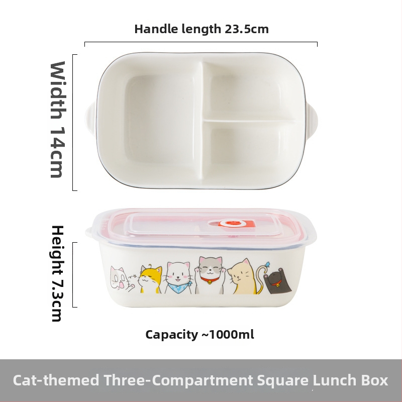 Keraminė stačiakampė dėžutė maistui su karikatūrų raštu, tinkama mikrobangų krosninei, talpa 800–1000 ml