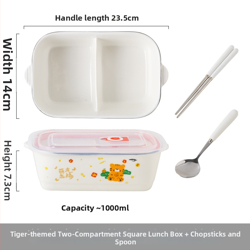 Keraminė stačiakampė dėžutė maistui su karikatūrų raštu, tinkama mikrobangų krosninei, talpa 800–1000 ml