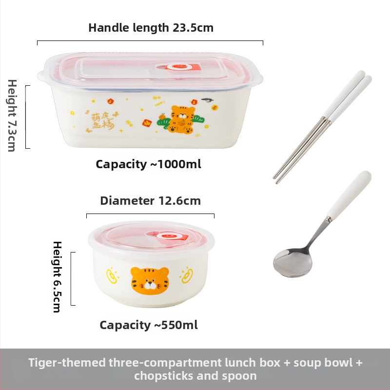 Keraminė stačiakampė dėžutė maistui su karikatūrų raštu, tinkama mikrobangų krosninei, talpa 800–1000 ml