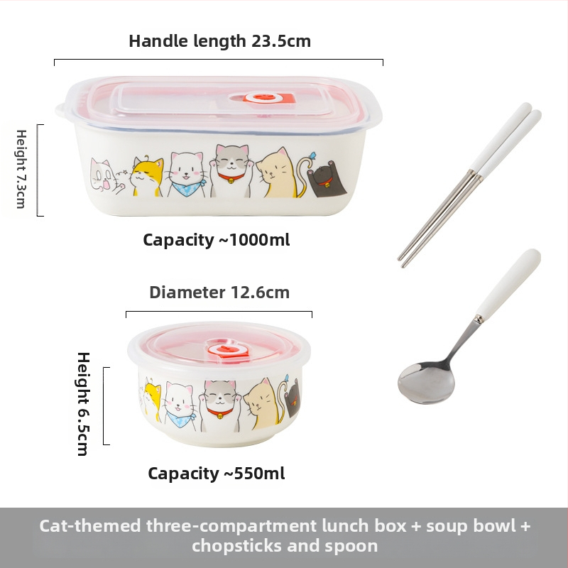 Keraminė stačiakampė dėžutė maistui su karikatūrų raštu, tinkama mikrobangų krosninei, talpa 800–1000 ml