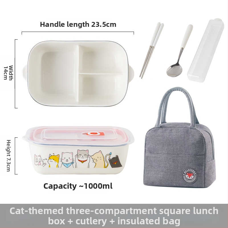 Keraminė stačiakampė dėžutė maistui su karikatūrų raštu, tinkama mikrobangų krosninei, talpa 800–1000 ml