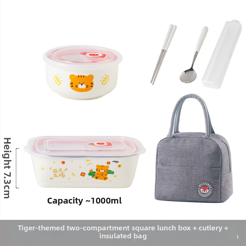 Keraminė stačiakampė dėžutė maistui su karikatūrų raštu, tinkama mikrobangų krosninei, talpa 800–1000 ml