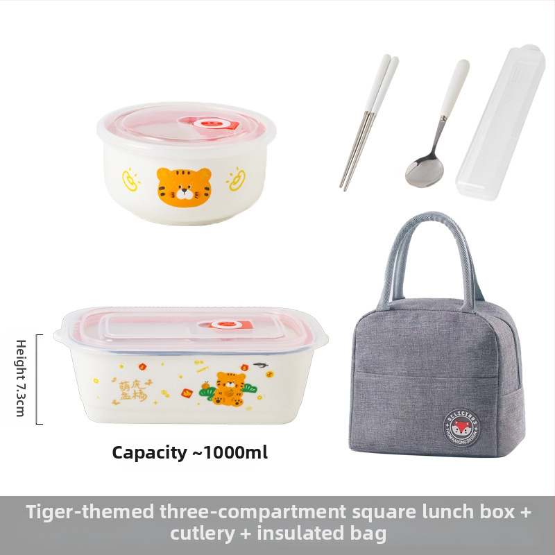 Keraminė stačiakampė dėžutė maistui su karikatūrų raštu, tinkama mikrobangų krosninei, talpa 800–1000 ml