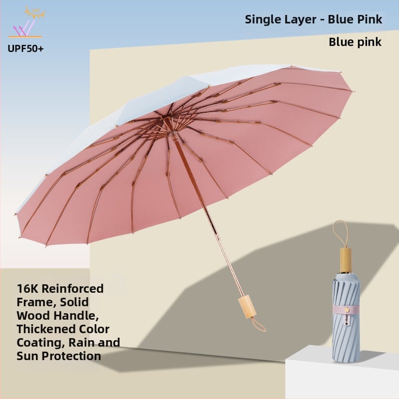 Слънчев чадър с три секции и двойно покритие, плат 210T, 8 ребра, алуминиев прът, ръчно отваряне/затваряне, UPF50+