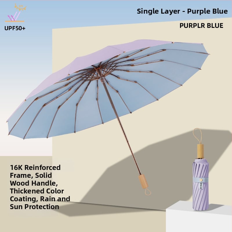 Слънчев чадър с три секции и двойно покритие, плат 210T, 8 ребра, алуминиев прът, ръчно отваряне/затваряне, UPF50+