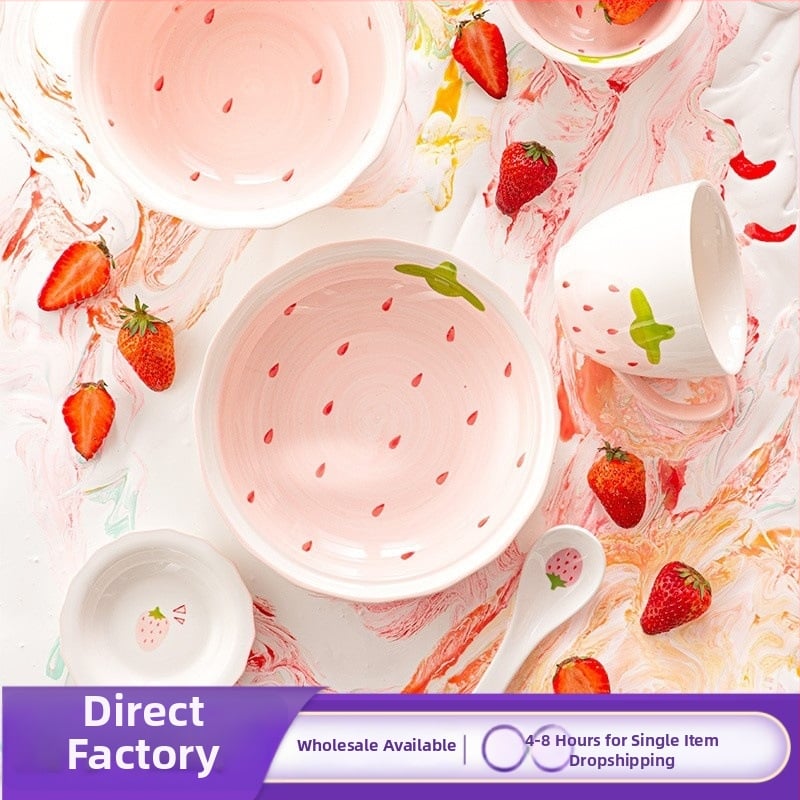 Sada porcelánových misiek a tanierov s jahodovým vzorom, kruhový tvar, vhodné do mikrovlnnej rúry, pod glazúrou