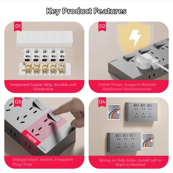 Ārējais ultra-plānais sienas uzstādāmais kontaktu panelis ar slēdzi, paplašināšanas kontaktu panelis ar piecām atverēm, korpuss no cinka-fosfora bronzas, 10A, 220V, piestiprināts pie sienas