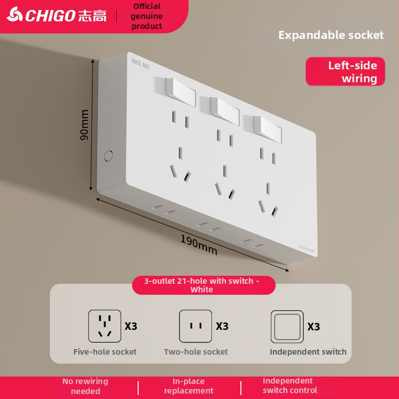 Ārējais ultra-plānais sienas uzstādāmais kontaktu panelis ar slēdzi, paplašināšanas kontaktu panelis ar piecām atverēm, korpuss no cinka-fosfora bronzas, 10A, 220V, piestiprināts pie sienas