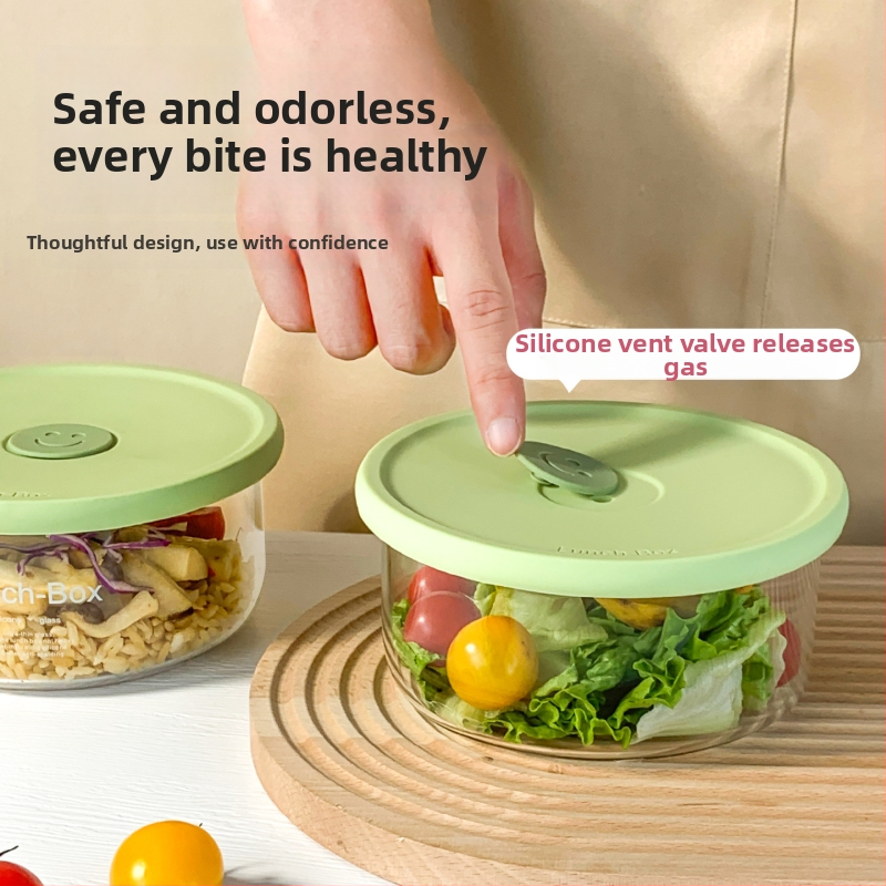 Стъклена кутия за обяд, с високо боросиликатно стъкло, подходяща за микровълнова печка, кръгла форма, еднослойна, за поддържане на свежест и нагряване