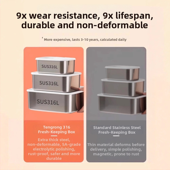 316 nerūdijančio plieno šviežumo dėžutė su dangteliu, maisto kokybei