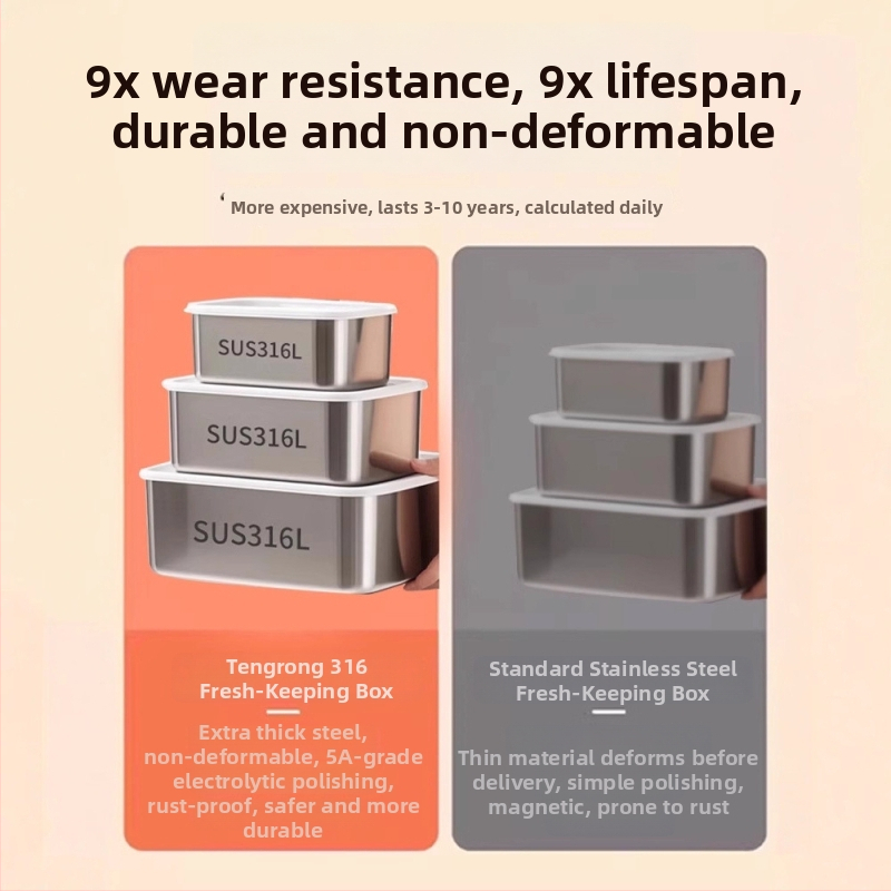 316 nerūdijančio plieno šviežumo dėžutė su dangteliu, maisto kokybei
