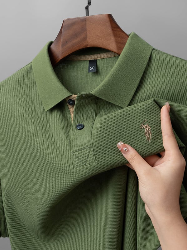 Férfi polo felső mercerizált pamutból hexagonális gyöngyökkel, rövid ujjú, laza szabású, hímzés