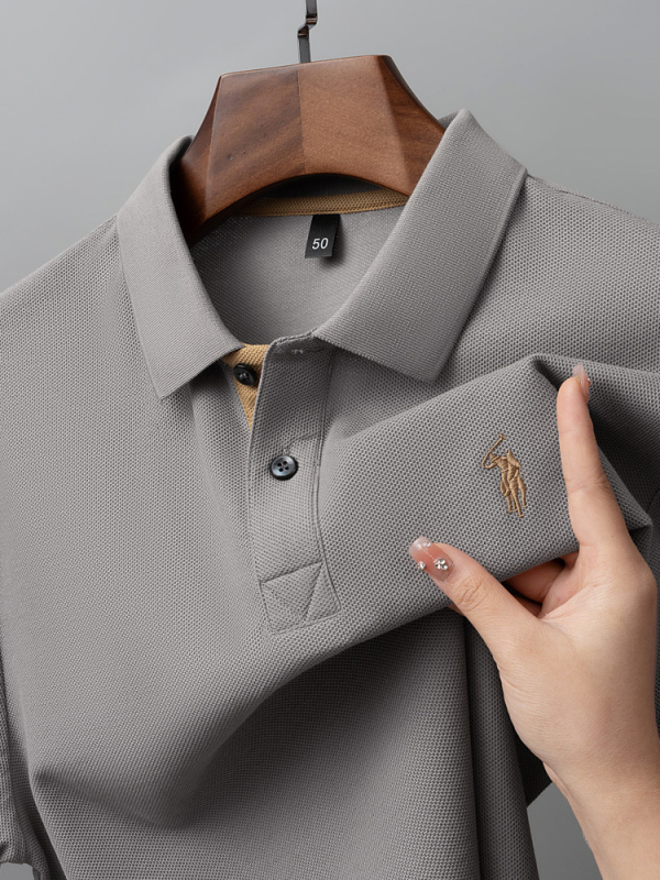 Meeste polo särk merceriseeritud puuvillast hexagonaalse helmeste mustriga, lühikeste varrukatega, vaba lõige, tikand