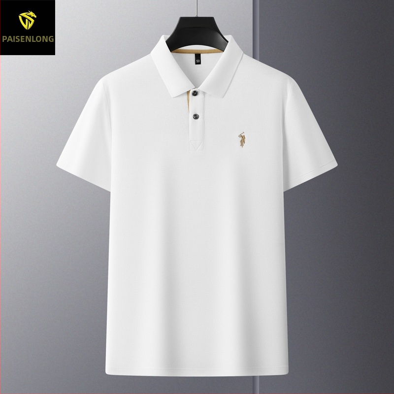 Férfi polo felső mercerizált pamutból hexagonális gyöngyökkel, rövid ujjú, laza szabású, hímzés