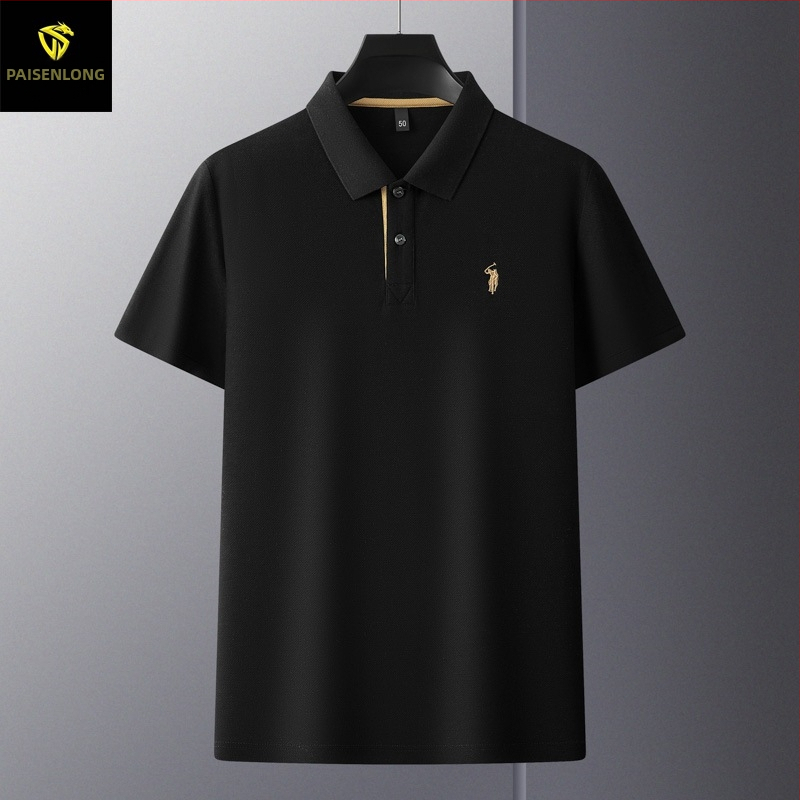 Férfi polo felső mercerizált pamutból hexagonális gyöngyökkel, rövid ujjú, laza szabású, hímzés