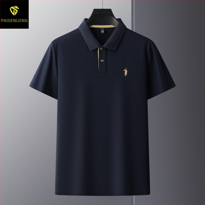 Férfi polo felső mercerizált pamutból hexagonális gyöngyökkel, rövid ujjú, laza szabású, hímzés