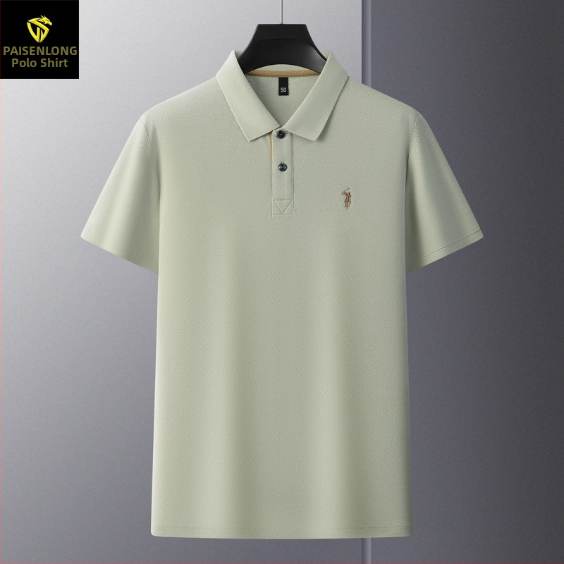 Férfi polo felső mercerizált pamutból hexagonális gyöngyökkel, rövid ujjú, laza szabású, hímzés