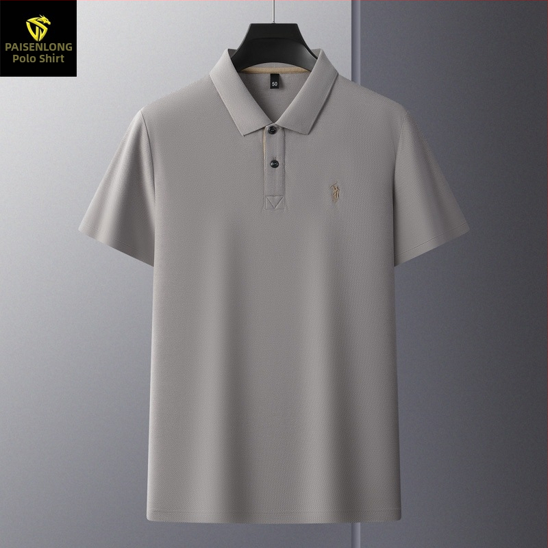 Férfi polo felső mercerizált pamutból hexagonális gyöngyökkel, rövid ujjú, laza szabású, hímzés