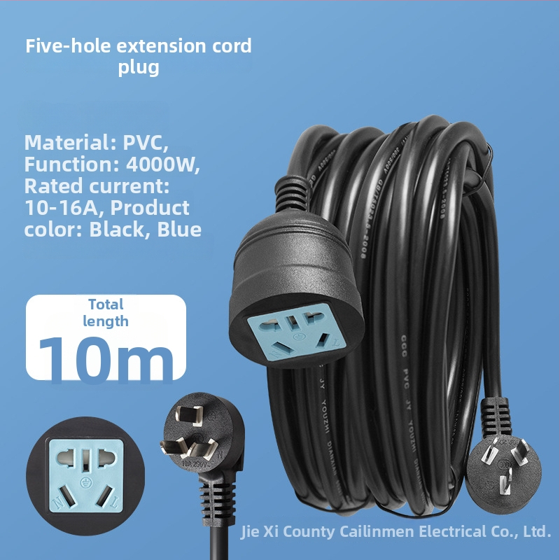 Aukštos galios trijų kištukų ilginamasis laidininkas su penkiais kištukais – 10A, 100–250V AC, 2500W, PVC korpusas