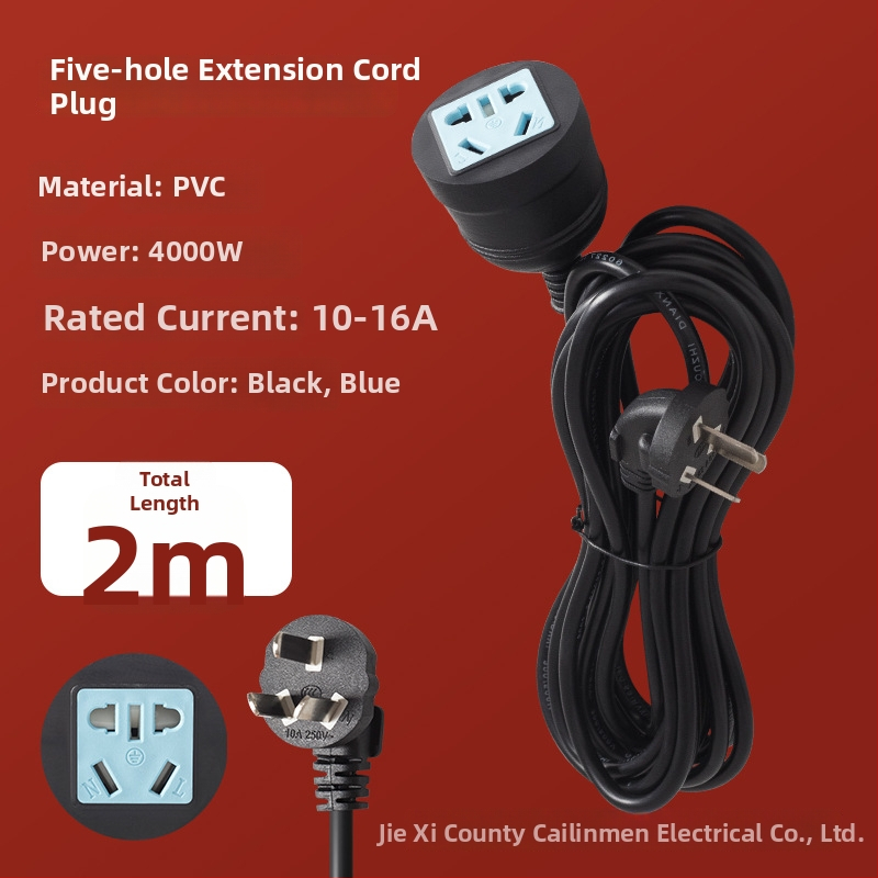 Aukštos galios trijų kištukų ilginamasis laidininkas su penkiais kištukais – 10A, 100–250V AC, 2500W, PVC korpusas