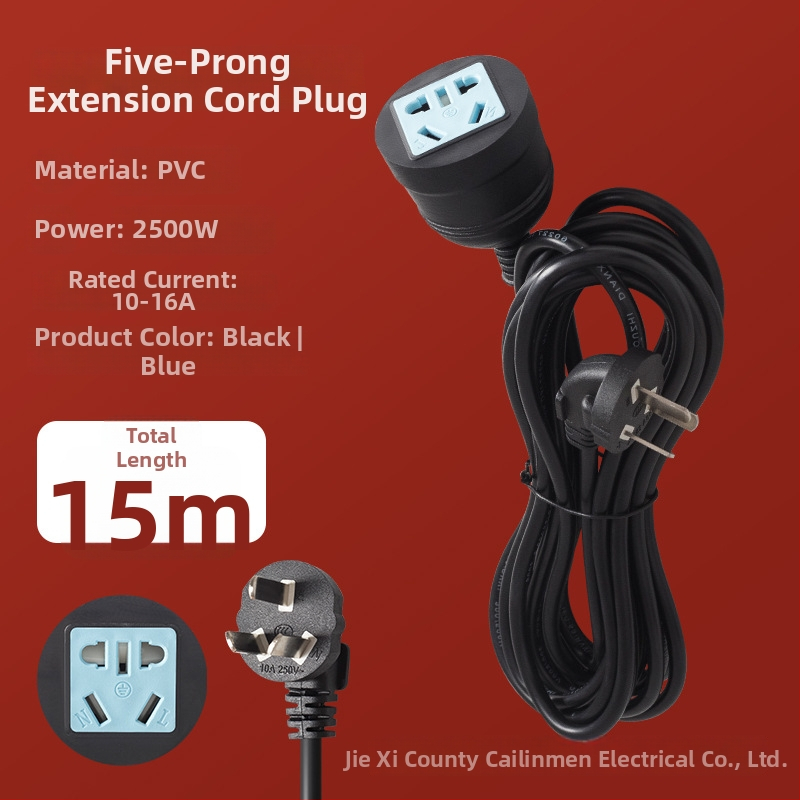 Aukštos galios trijų kištukų ilginamasis laidininkas su penkiais kištukais – 10A, 100–250V AC, 2500W, PVC korpusas