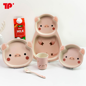 Set dječjih posuđa — tanjur u obliku praseta, crtani dizajn, melamin i vlakna bambusa, nepravilan oblik