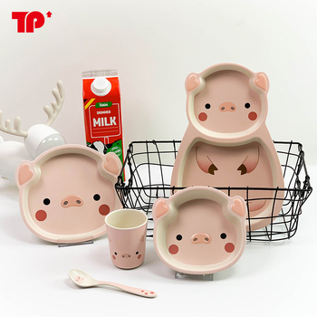 Set dječjih posuđa — tanjur u obliku praseta, crtani dizajn, melamin i vlakna bambusa, nepravilan oblik