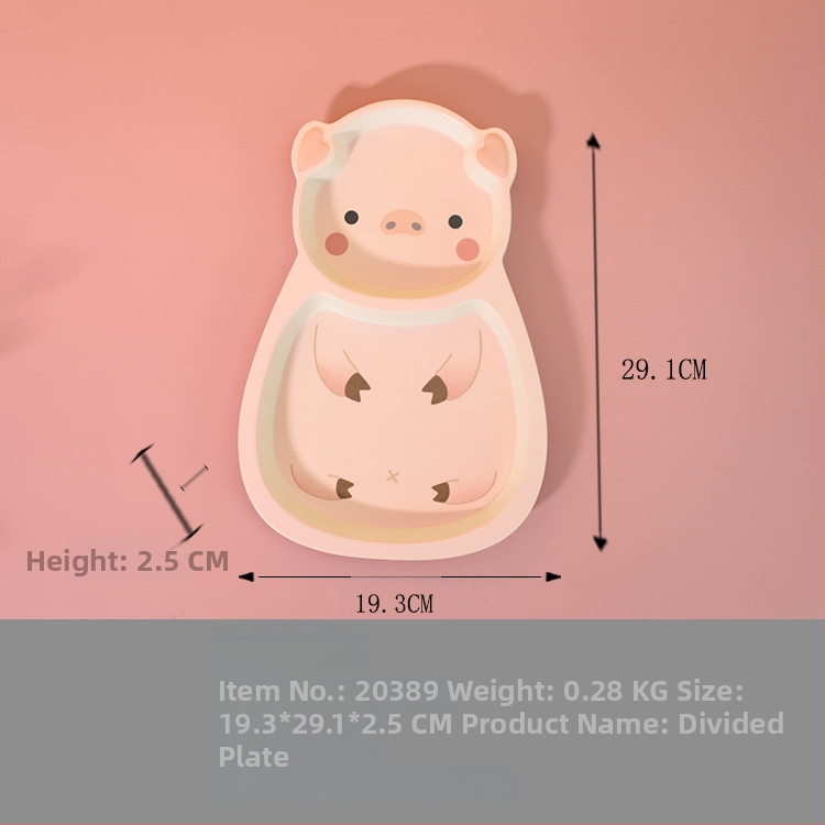 Set dječjih posuđa — tanjur u obliku praseta, crtani dizajn, melamin i vlakna bambusa, nepravilan oblik