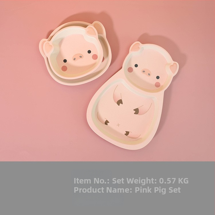 Set dječjih posuđa — tanjur u obliku praseta, crtani dizajn, melamin i vlakna bambusa, nepravilan oblik