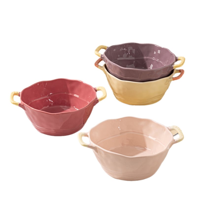 Keramická misa s dvojitým uchom na polievku, rezance, dezert a šalát; nepravidelný tvar, glazúrovaný povrch, moderný minimalistický štýl; vhodné do mikrovlnky