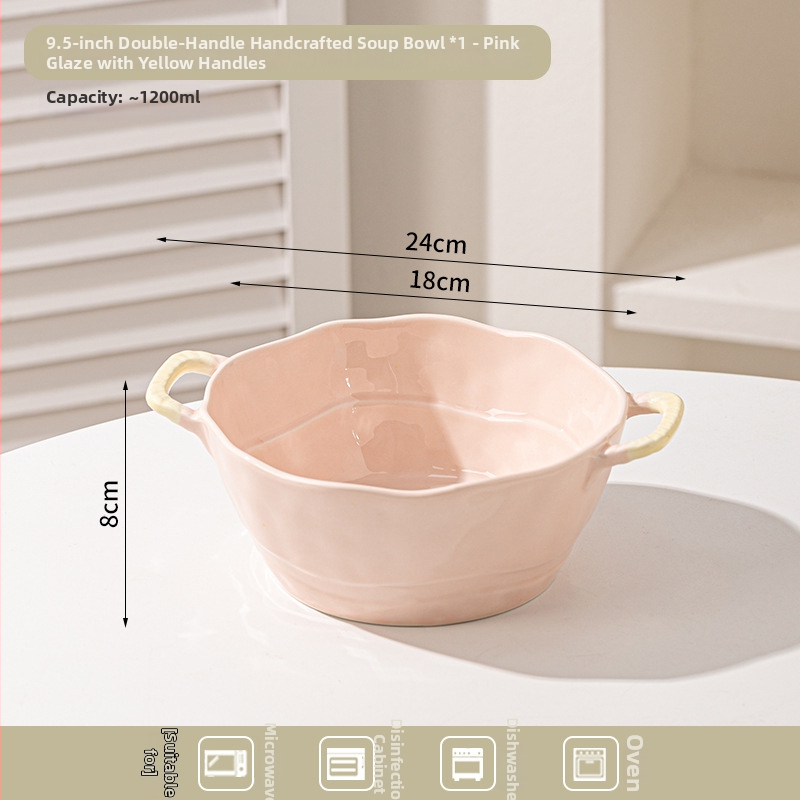 Keramická misa s dvojitým uchom na polievku, rezance, dezert a šalát; nepravidelný tvar, glazúrovaný povrch, moderný minimalistický štýl; vhodné do mikrovlnky