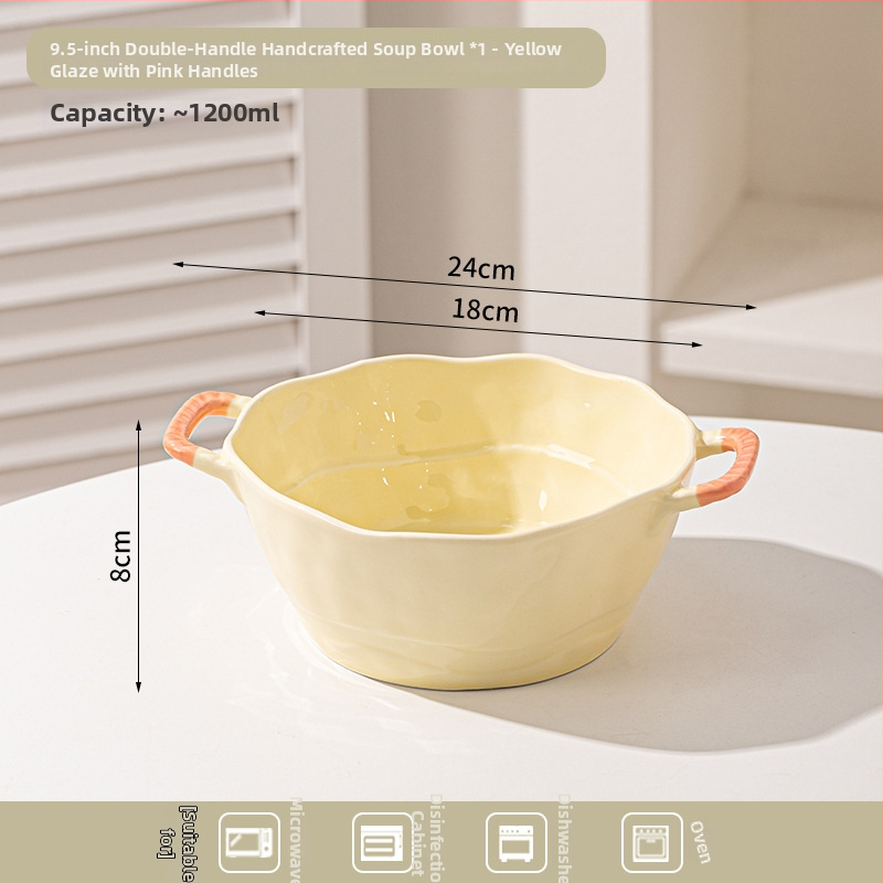 Keramická misa s dvojitým uchom na polievku, rezance, dezert a šalát; nepravidelný tvar, glazúrovaný povrch, moderný minimalistický štýl; vhodné do mikrovlnky