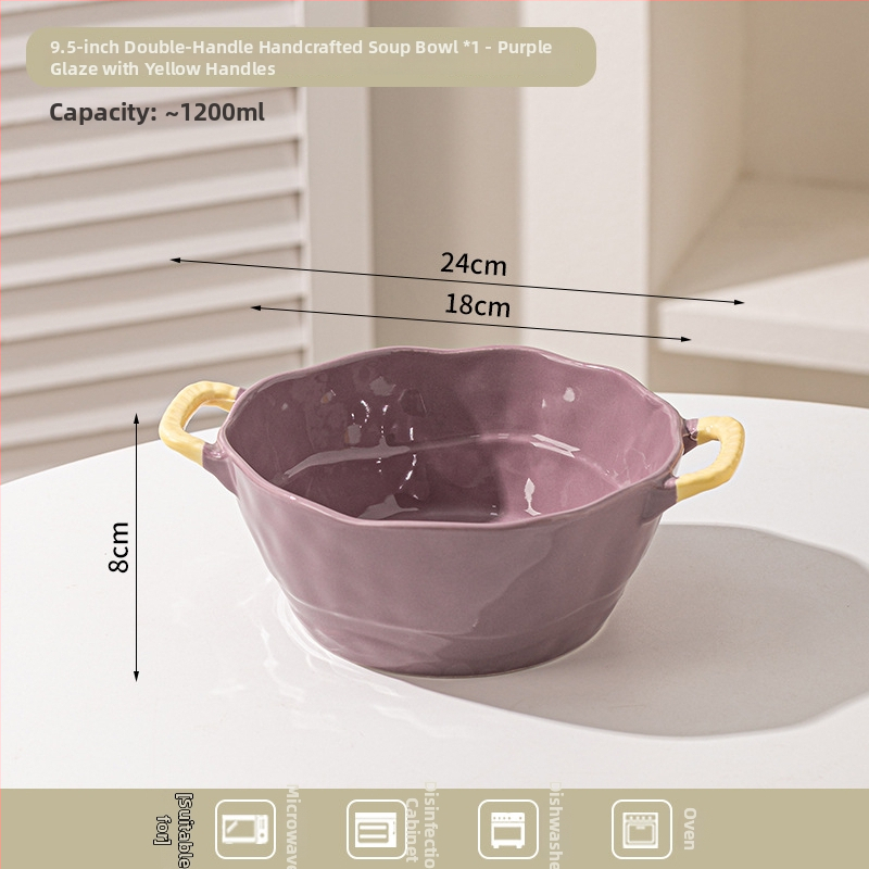 Keramická misa s dvojitým uchom na polievku, rezance, dezert a šalát; nepravidelný tvar, glazúrovaný povrch, moderný minimalistický štýl; vhodné do mikrovlnky