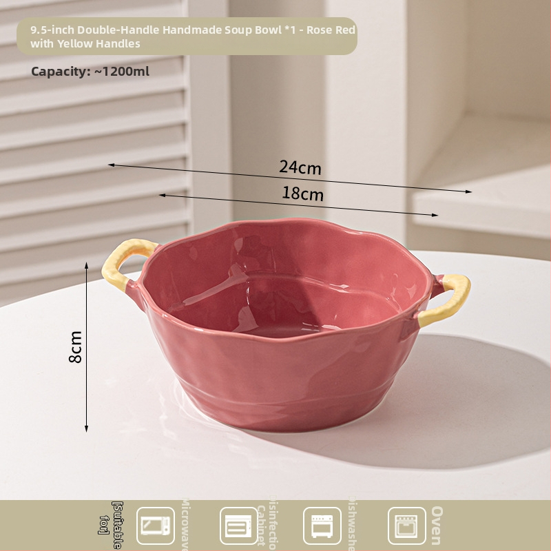 Keramická misa s dvojitým uchom na polievku, rezance, dezert a šalát; nepravidelný tvar, glazúrovaný povrch, moderný minimalistický štýl; vhodné do mikrovlnky