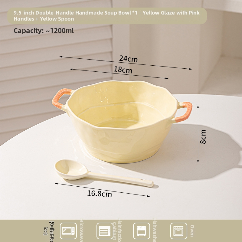 Keramická misa s dvojitým uchom na polievku, rezance, dezert a šalát; nepravidelný tvar, glazúrovaný povrch, moderný minimalistický štýl; vhodné do mikrovlnky