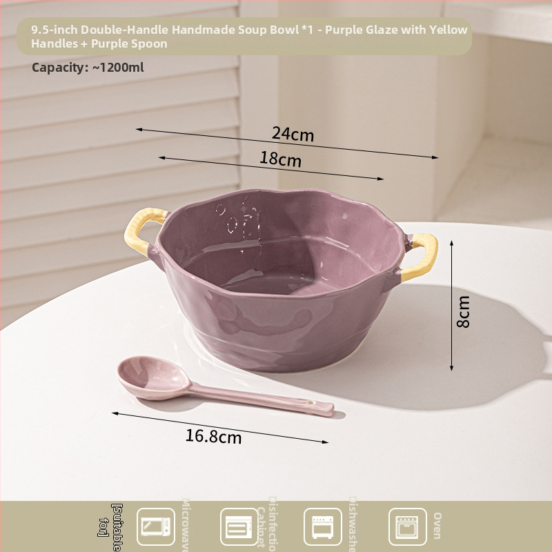 Keramická misa s dvojitým uchom na polievku, rezance, dezert a šalát; nepravidelný tvar, glazúrovaný povrch, moderný minimalistický štýl; vhodné do mikrovlnky