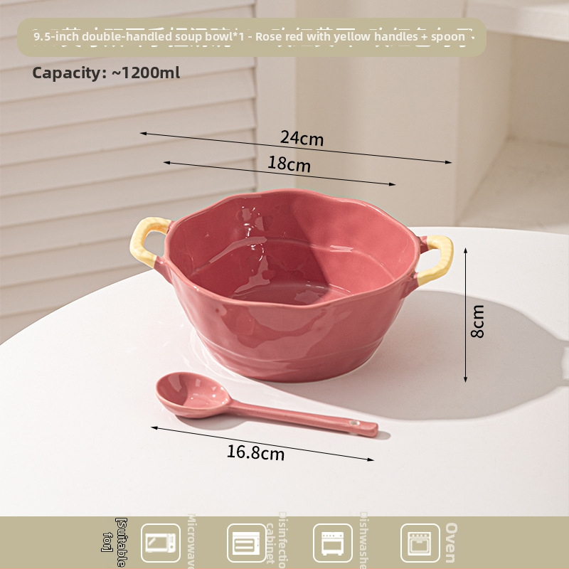 Keramická misa s dvojitým uchom na polievku, rezance, dezert a šalát; nepravidelný tvar, glazúrovaný povrch, moderný minimalistický štýl; vhodné do mikrovlnky