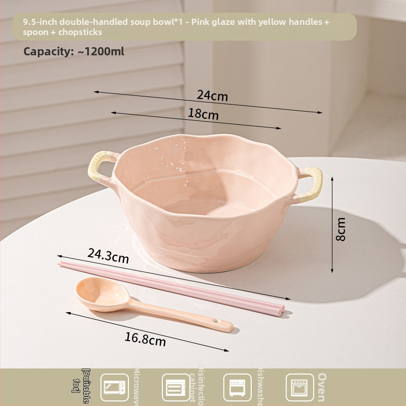 Keramická misa s dvojitým uchom na polievku, rezance, dezert a šalát; nepravidelný tvar, glazúrovaný povrch, moderný minimalistický štýl; vhodné do mikrovlnky