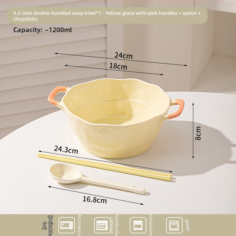 Keramická misa s dvojitým uchom na polievku, rezance, dezert a šalát; nepravidelný tvar, glazúrovaný povrch, moderný minimalistický štýl; vhodné do mikrovlnky