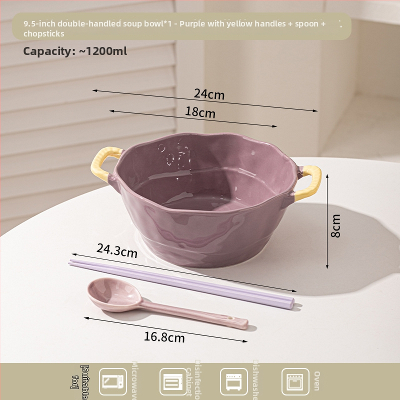 Keramická misa s dvojitým uchom na polievku, rezance, dezert a šalát; nepravidelný tvar, glazúrovaný povrch, moderný minimalistický štýl; vhodné do mikrovlnky