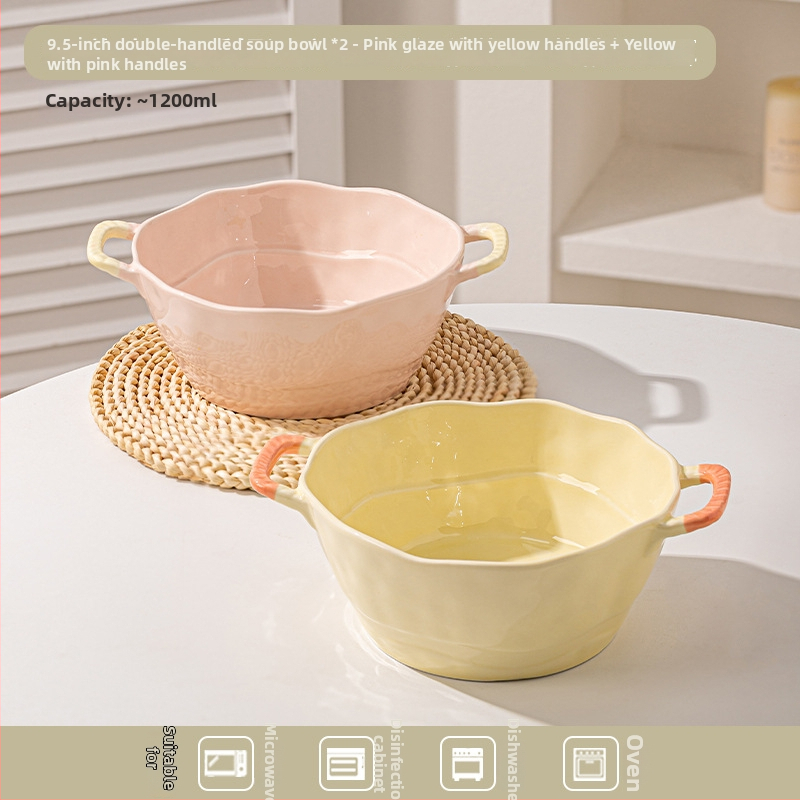 Keramická misa s dvojitým uchom na polievku, rezance, dezert a šalát; nepravidelný tvar, glazúrovaný povrch, moderný minimalistický štýl; vhodné do mikrovlnky