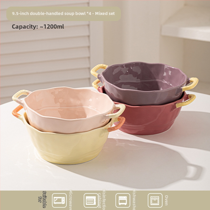 Keramická misa s dvojitým uchom na polievku, rezance, dezert a šalát; nepravidelný tvar, glazúrovaný povrch, moderný minimalistický štýl; vhodné do mikrovlnky